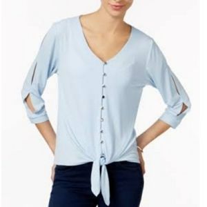 NY Collection Top Blue Tie Front Button Down New